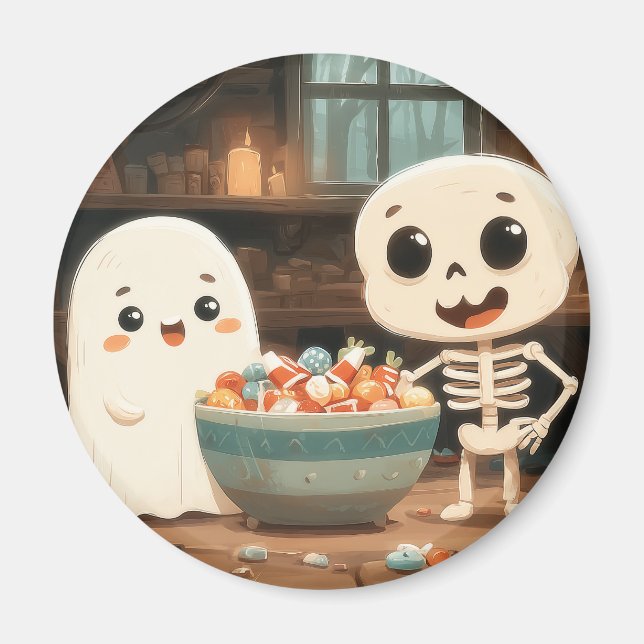 Cute Ghost och Skeleton with Candy Bowl - Magnet (Framsidan)
