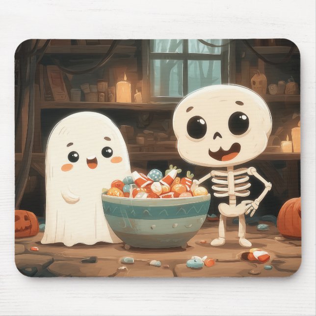 Cute Ghost och Skeleton with Candy Bowl - Mousepad Musmatta (Framsidan)