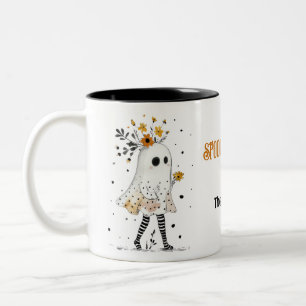 Cute Ghost och Sunblommor Whimsical Spooky Season Två-Tonad Mugg