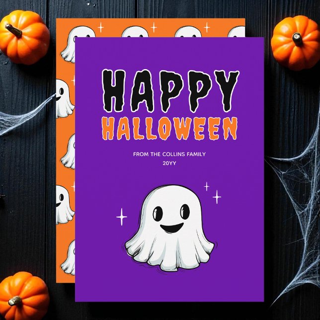 Cute Ghost Orange Lila Spooky Happy halloween Julkort (Cute Ghost Orange Purple Spooky Happy Halloween Holiday Card)
