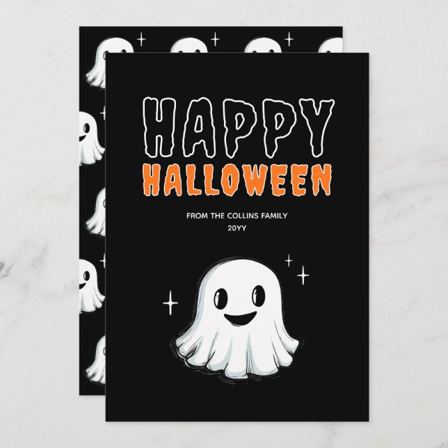 Cute Ghost Orange och Black Spooky Happy halloween Julkort (Fram/baksida)