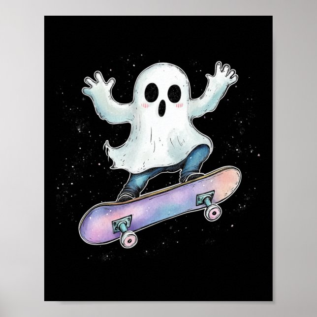 Cute Ghost på Skateboard Funny Halloween-Skater Poster (Framsidan)