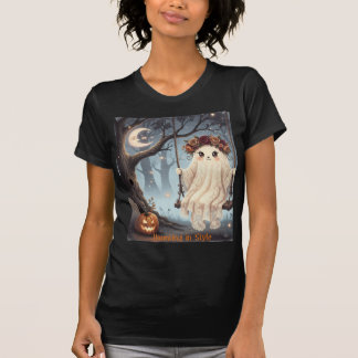 Cute Ghost på Swing Halloween Haunting i Stil T Shirt