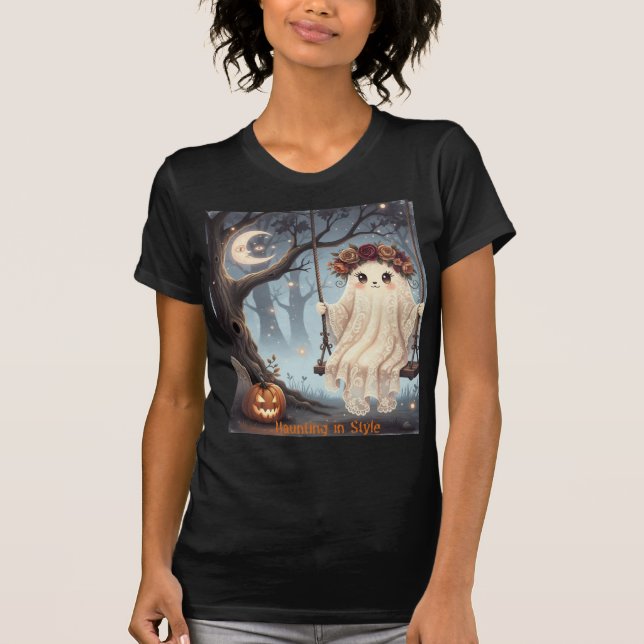 Cute Ghost på Swing Halloween Haunting i Stil T Shirt (Framsida)