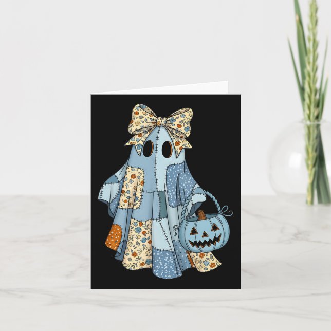 Cute Ghost Patchwork Coquette Bow Halloween Costum Kort (Framsida)