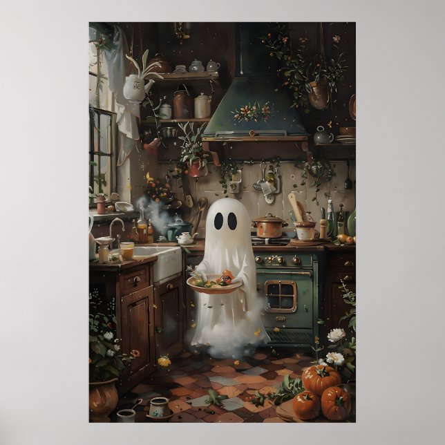 Cute Ghost Preparing To Eat Print, Floral Kitchen Poster (Framsidan)