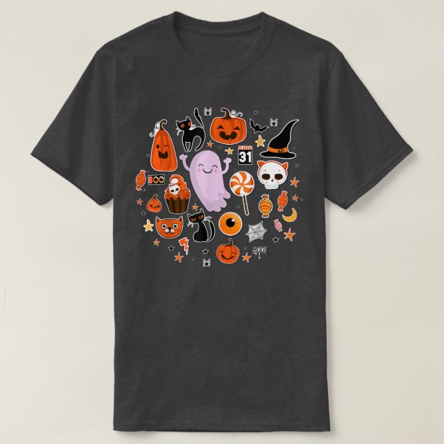 Cute Ghost Pumpkin Black Cat Witch Hat Candy Funny T Shirt (Design framsida)