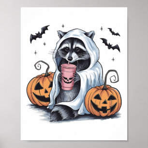 Cute Ghost Pumpkin Halloween Raccoon Costume Racco Poster