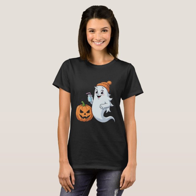 Cute Ghost & Pumpkin Halloween T-Shirt (Hel framsida)