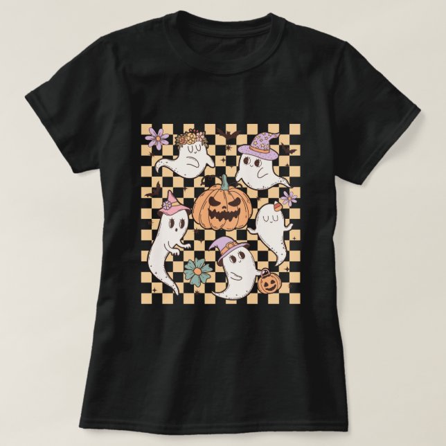 Cute Ghost Pumpkin Retro Halloween T Shirt (Design framsida)
