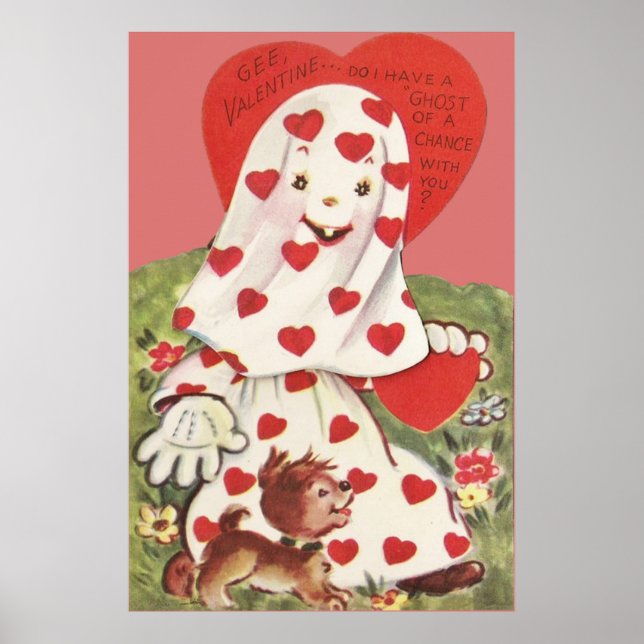 Cute Ghost Puppy Dog Heart Valentine Poster (Framsidan)