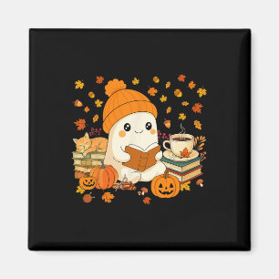 Cute Ghost Reading Bok Älskare Autumn Fall Hallowe Magnet