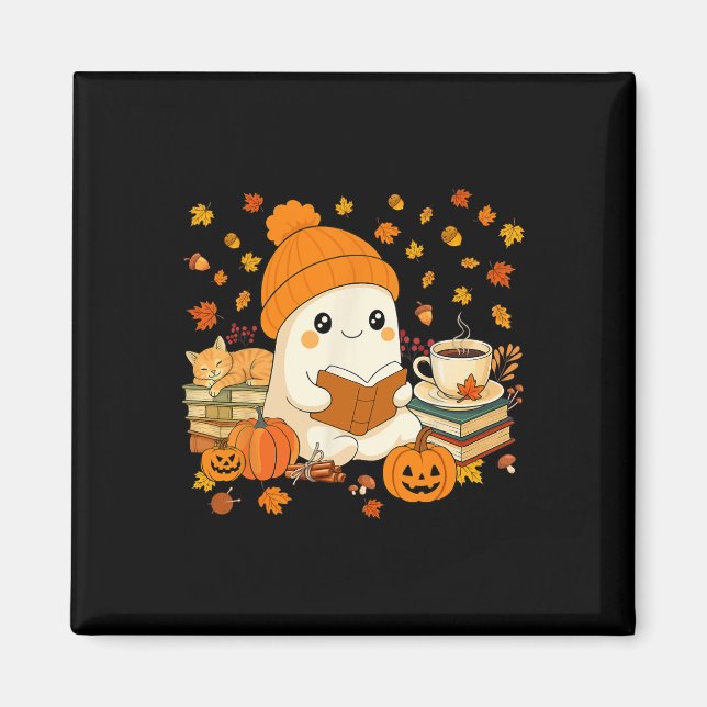 Cute Ghost Reading Bok Älskare Autumn Fall Hallowe Magnet (Framsidan)