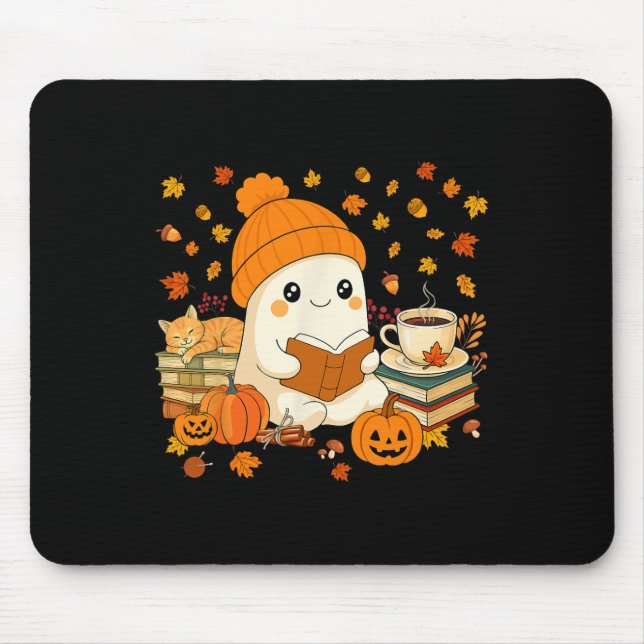 Cute Ghost Reading Bok Älskare Autumn Fall Hallowe Musmatta (Framsidan)
