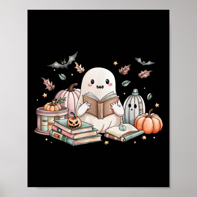 Cute Ghost Reading Bok Älskare Autumn Fall Hallowe Poster (Framsidan)