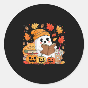 Cute Ghost Reading Bok Älskare Autumn Fall Hallowe Runt Klistermärke
