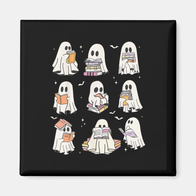 Cute Ghost Reading Bok Älskare Halloween Funny Gho Magnet (Framsidan)