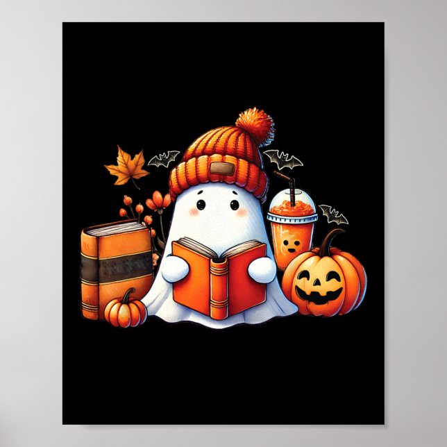 Cute Ghost Reading Bok Älskare Halloween Ghost Cof Poster (Framsidan)