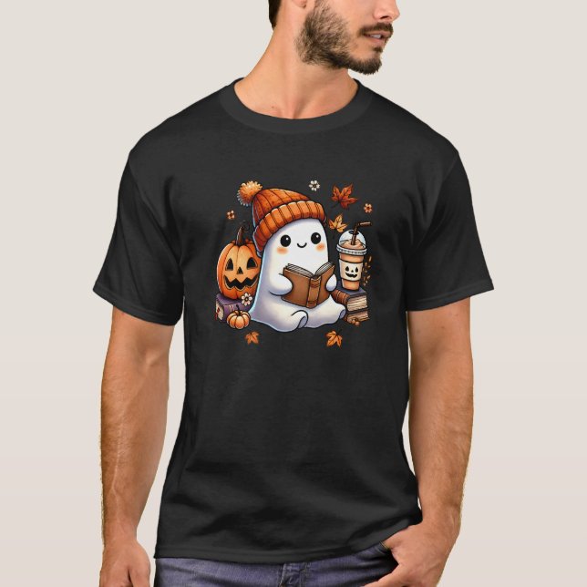 Cute Ghost Reading Bok Älskare Halloween Ghost Cof T Shirt (Framsida)