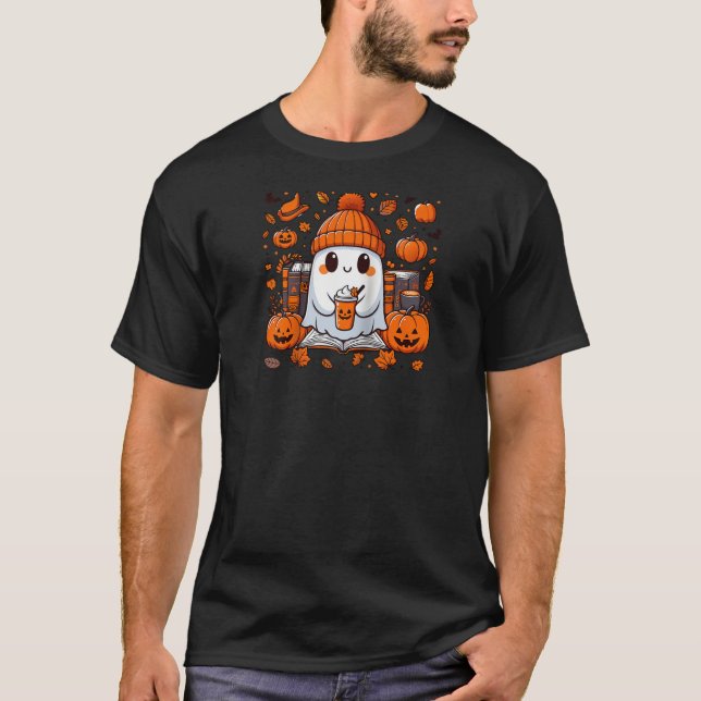 Cute Ghost Reading Bok Fall Autumn Coffee Hallowed T Shirt (Framsida)