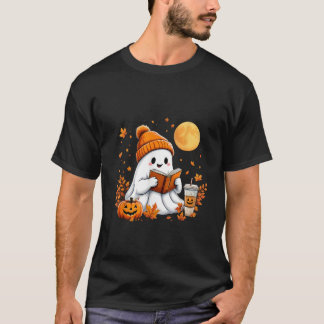 Cute Ghost Reading Bok Halloween Autumn Fall Ghos T Shirt