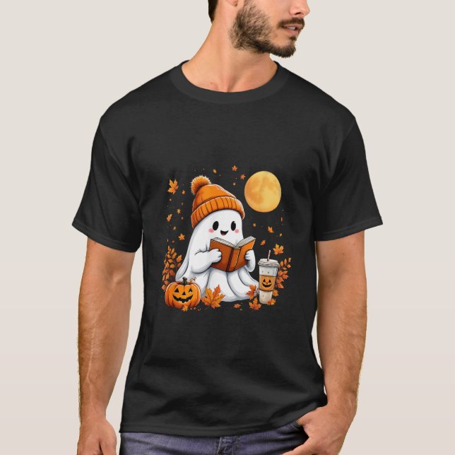 Cute Ghost Reading Bok Halloween Autumn Fall Ghos T Shirt (Framsida)