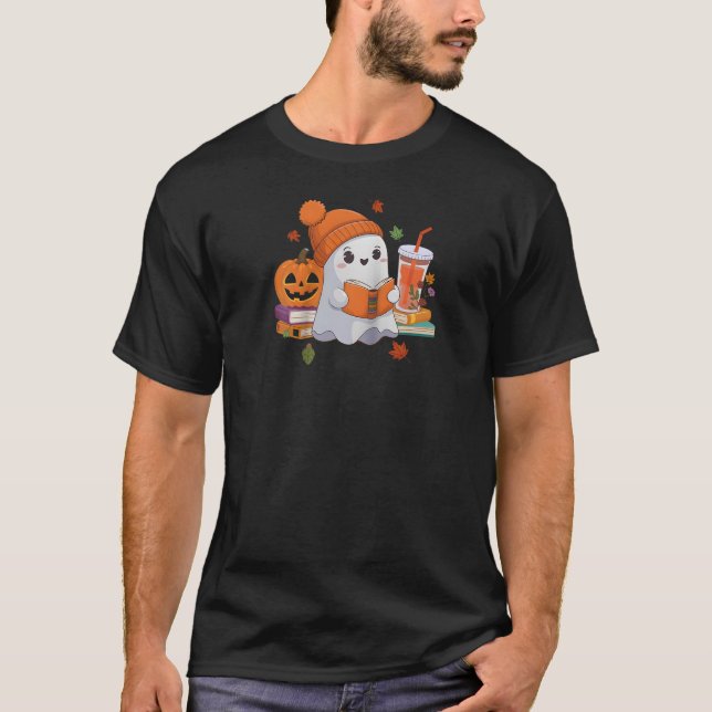 Cute Ghost Reading Bok Halloween Coffee Älskare Ra T Shirt (Framsida)