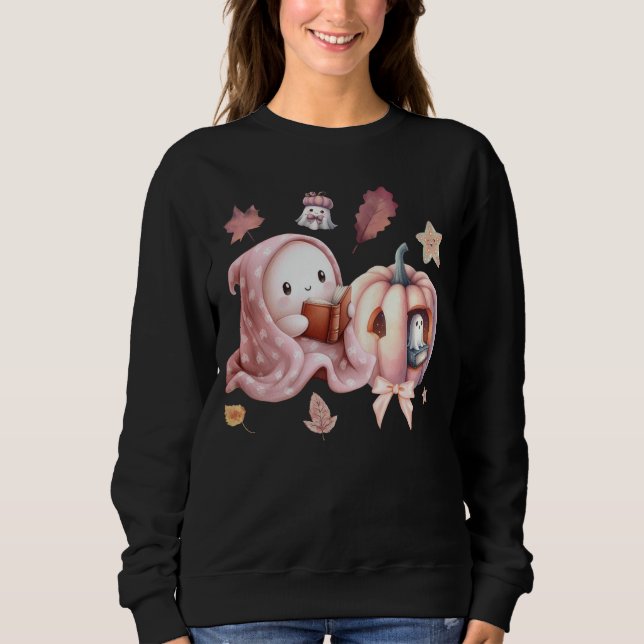 Cute Ghost Reading Bok Lacher Halloween Älskare T Shirt (Framsida)