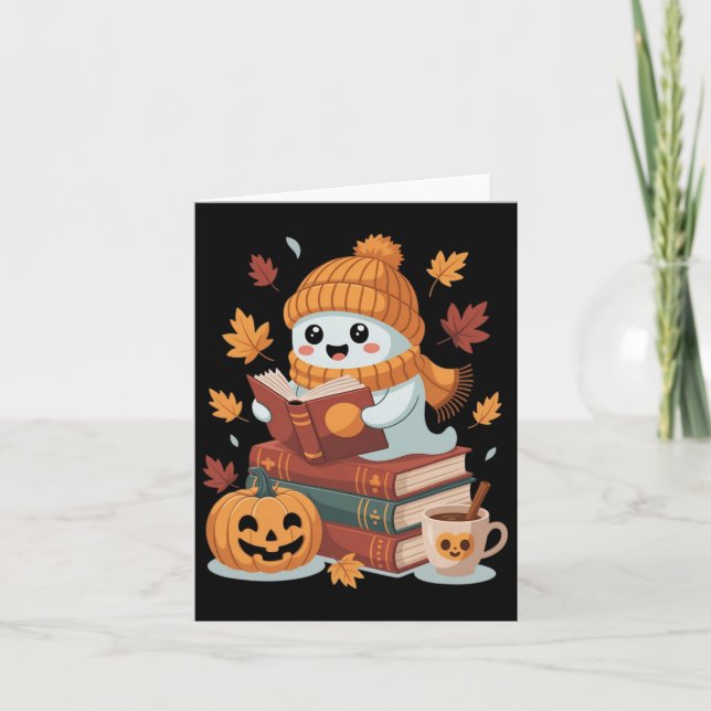 Cute Ghost Reading Bokar - Fall Halloween Bok Lov Kort (Framsida)