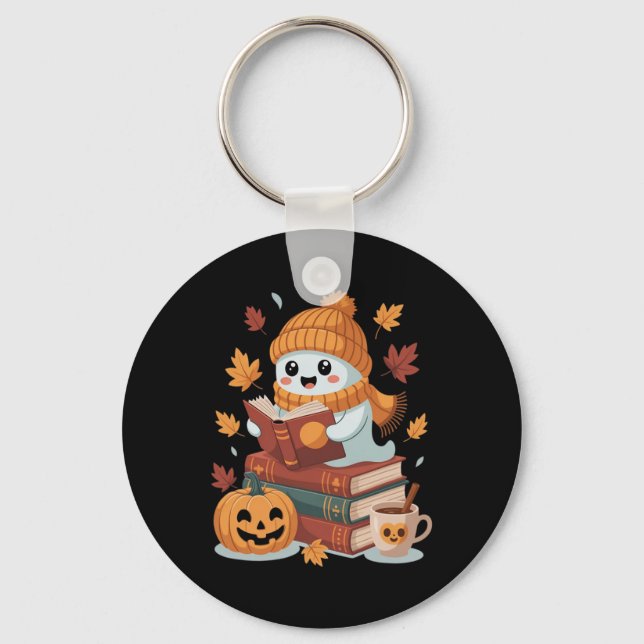Cute Ghost Reading Bokar - Fall Halloween Bok Lov Nyckelring (Framsida)