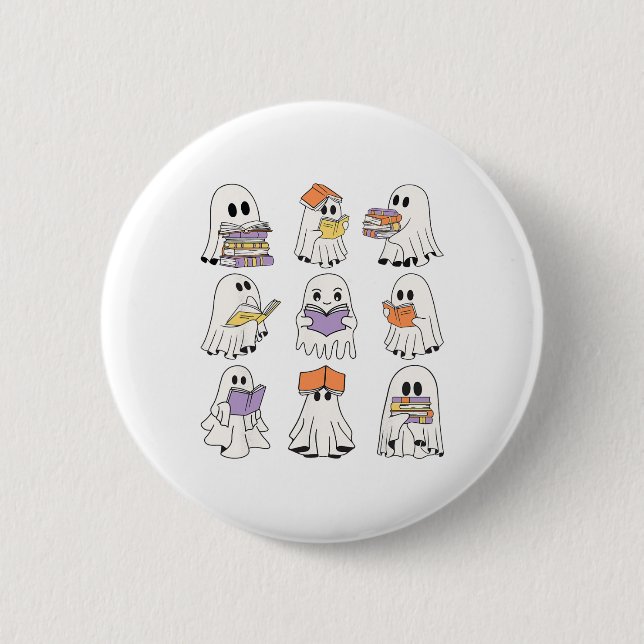 Cute Ghost Reading Bokar Funny Halloween Bokar Lov Knapp (Framsida)