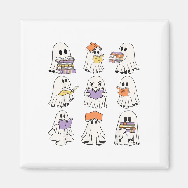 Cute Ghost Reading Bokar Funny Halloween Bokar Lov Magnet (Framsidan)