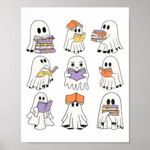 Cute Ghost Reading Bokar Funny Halloween Bokar Lov Poster
