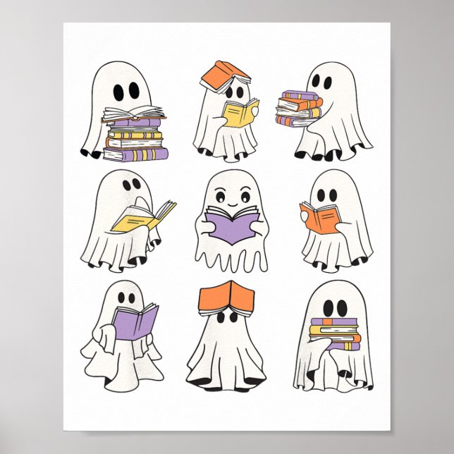 Cute Ghost Reading Bokar Funny Halloween Bokar Lov Poster (Framsidan)
