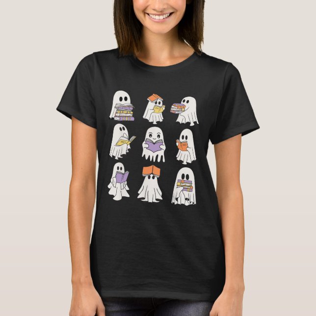 Cute Ghost Reading Bokar Funny Halloween Bokar Lov T Shirt (Framsida)