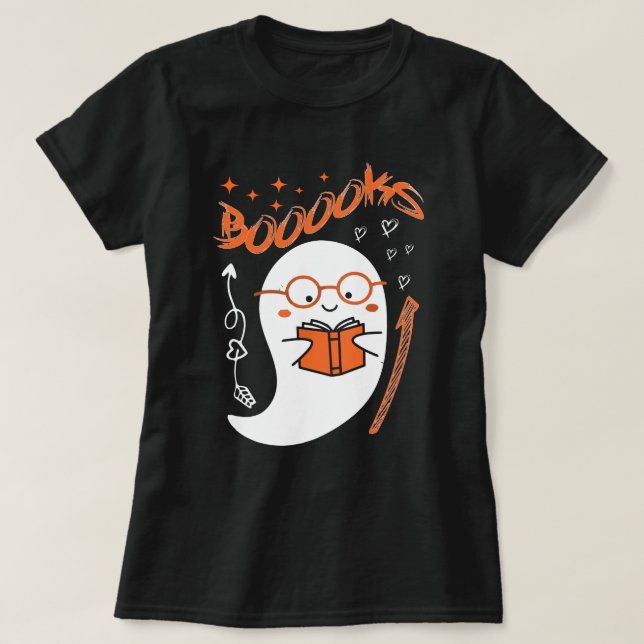 Cute Ghost Reading: Halloween Teacher Design T Shirt (Design framsida)