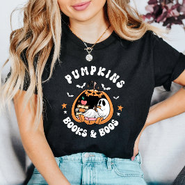 Cute Ghost Reading "Pumpkins Bokar & Boos" Retro T Shirt