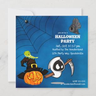 Cute Ghost Reaper and Jack-o-lantern Halloween Inbjudningar