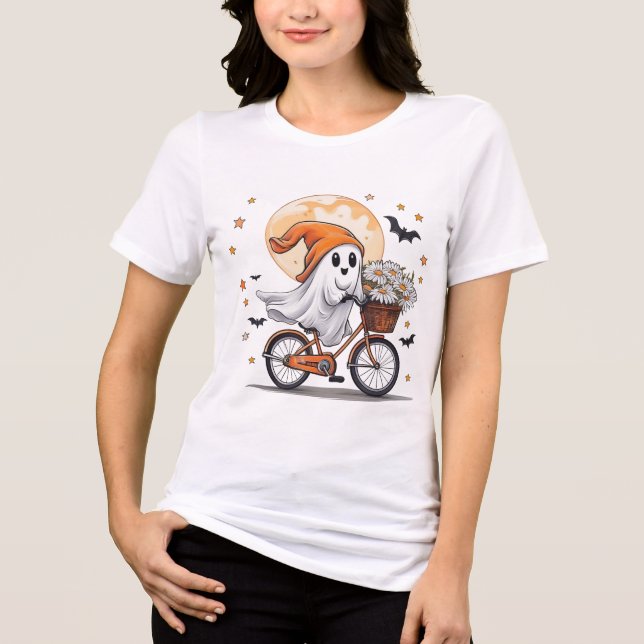 Cute Ghost Riding Bicycle Halloween T-Shirt - Roli (Framsida)