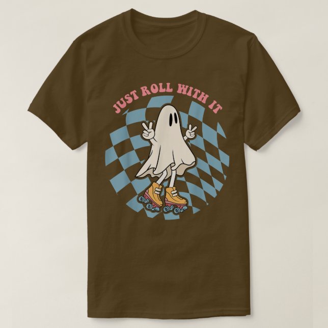 Cute Ghost Riding på Roller Skates Funny Halloween T Shirt (Design framsida)