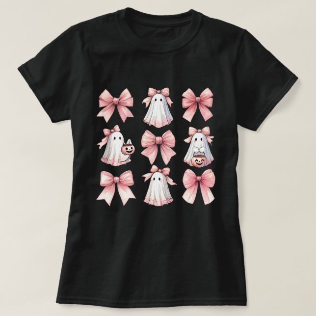 Cute Ghost Rosa Coquette Bow Mönster Halloween T Shirt (Design framsida)