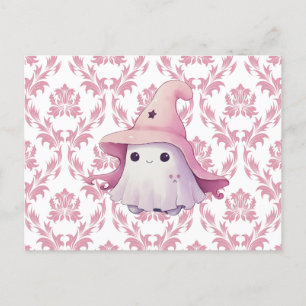 Cute Ghost Rosa Witch Hat Rosa & White Halloween Helg Vykort