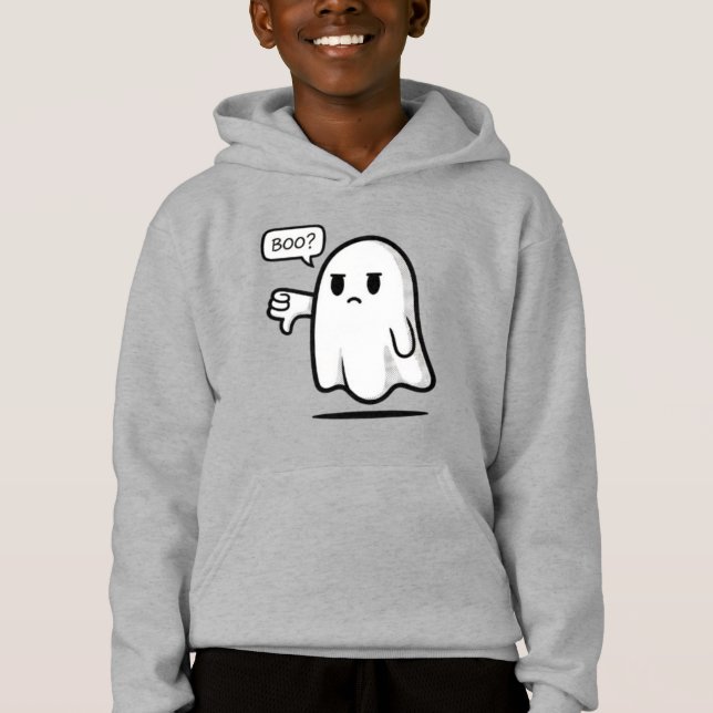 Cute Ghost Saying ‘Boo?’ – Kids Halloween Pullover T Shirt (Framsida)