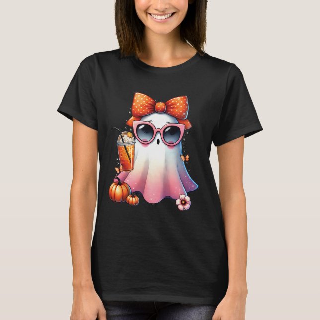 Cute Ghost som dricker kaffe med Halloween Bow Wom T Shirt (Framsida)