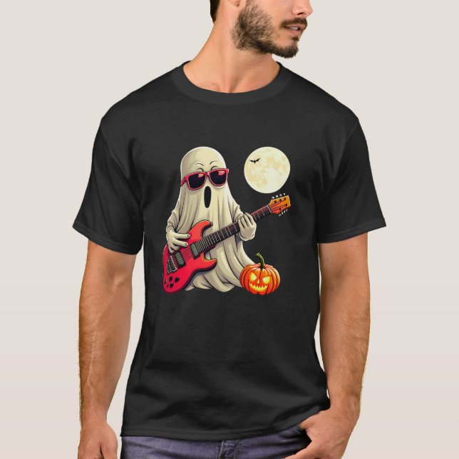 Cute Ghost spelar Guitar Halloween Pumpkin Guitar T Shirt (Framsida)