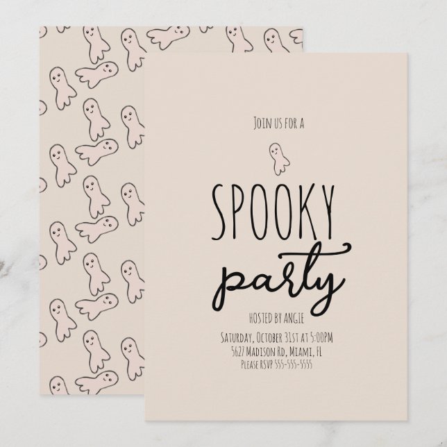 Cute Ghost Spooky Party Mini Doodle Inbjudningar (Fram/baksida)