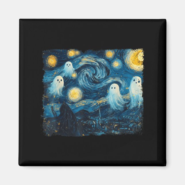 Cute Ghost Starry Night Halloween Soky Retro Van G Magnet (Framsidan)