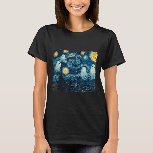 Cute Ghost Starry Night Halloween Soky Retro Van G T Shirt (Framsida)