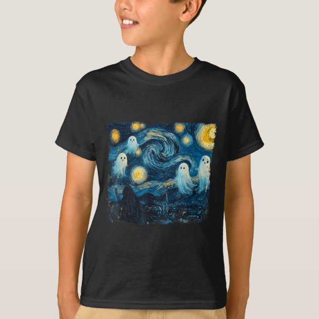 Cute Ghost Starry Night Halloween Soky Retro Van G T Shirt (Framsida)