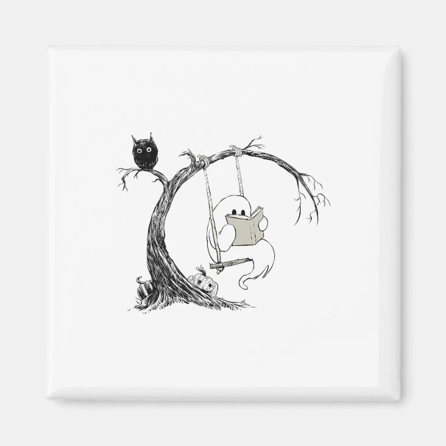 Cute Ghost Swinging Reading Bok Halloween Ghost C Magnet (Framsidan)